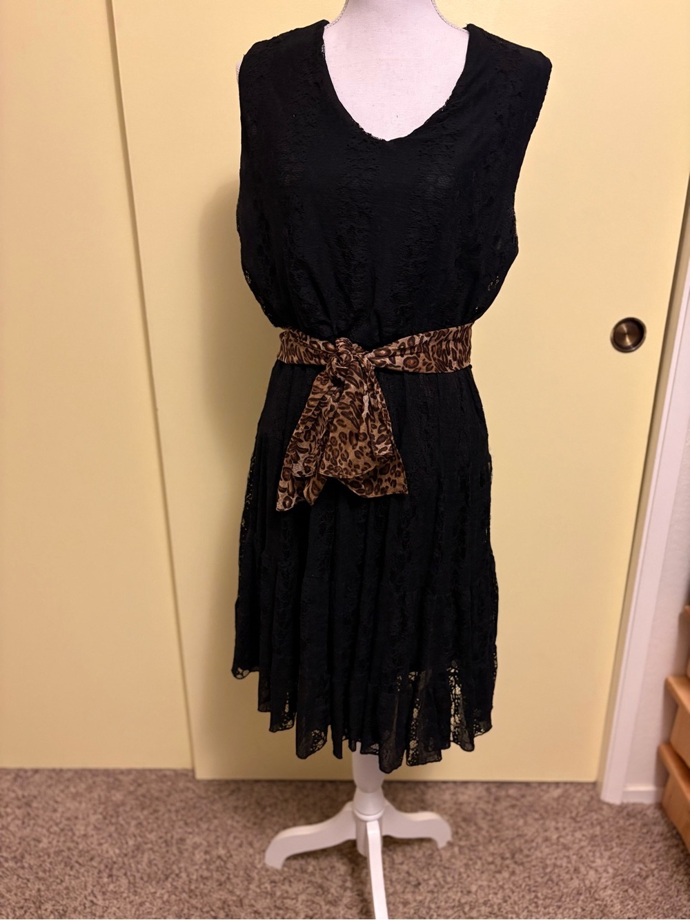 Haani Black Lace Midi Dress with Leopard Tie Belt